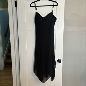 Vintage Y2K black tank dress. keyhole, midi, handkerchief hem, sweetheart neck